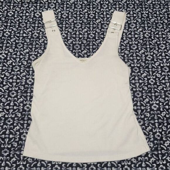 Express One Eleven White Buckle Strap V-Neck Basic Classic Summer Chic Tank Top  - Picture 1 of 6
